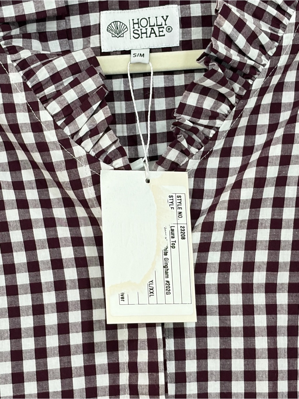 NWT SZ S/M Holly Shae Burgundy Gingham Button-Down Blouse with Ruffle Collar - - Picture 2 of 7